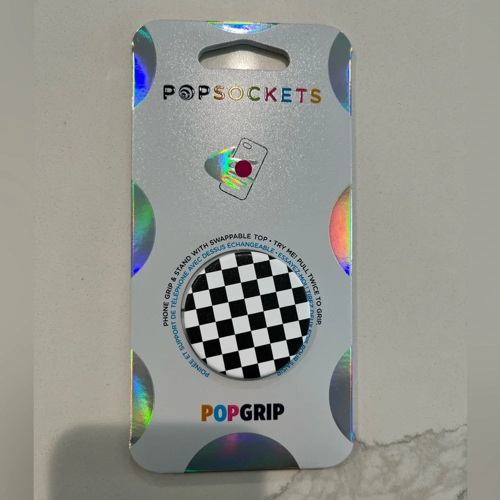 PopSocket PopGrip Phone Holder - Black & White Checkerboard Top NWT
